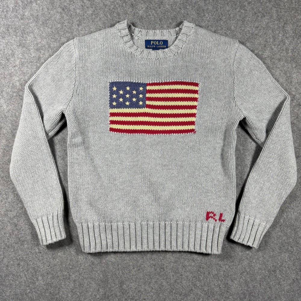 Polo Ralph Lauren Kids Grey American Flag Cotton Knit Sweater Size M 10-12 RL